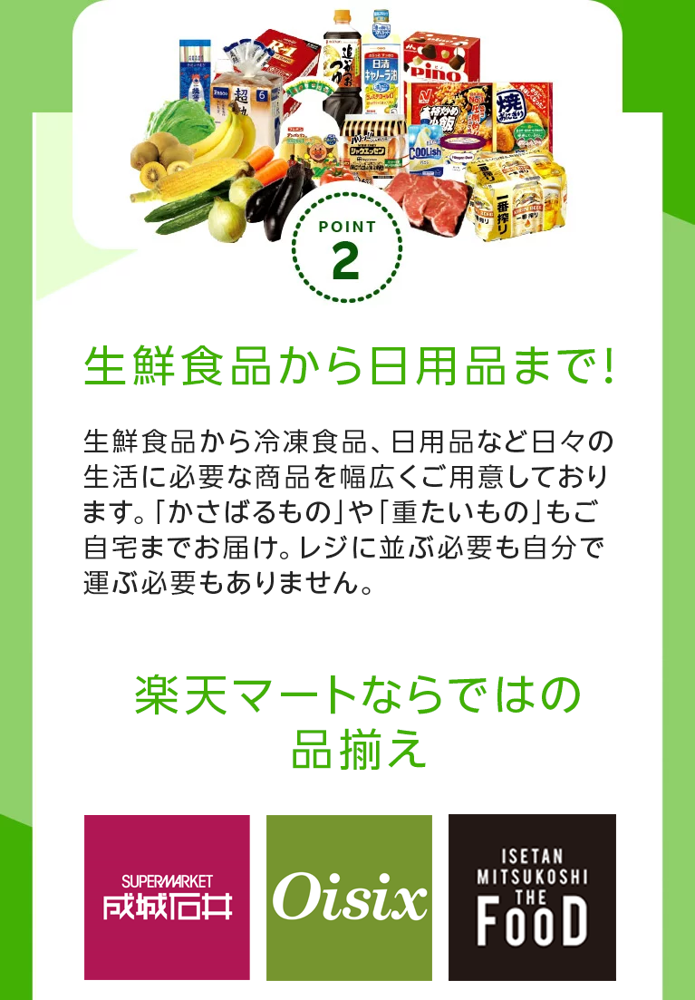 ポイント2 生鮮食品から日用品まで！かさばる品物や重たいものも玄関までお届け。レジに並ぶ必要も自分で運ぶ苦労も必要ありません。でも....送料がかかるんじゃ.....一定金額以上購入で送料無料　※一部エリアを除く